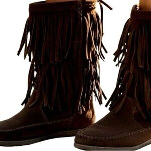 Fringe Suede Boots - Brown